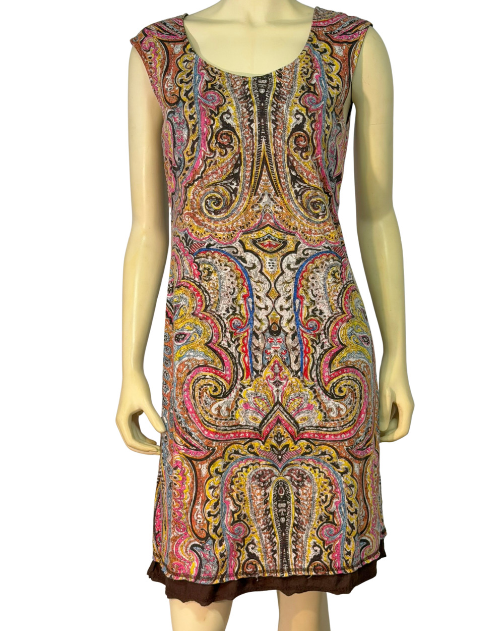 North Style Sz S Mini Tank Dress Layered Hem Brown Paisley Stretch Knit Boho